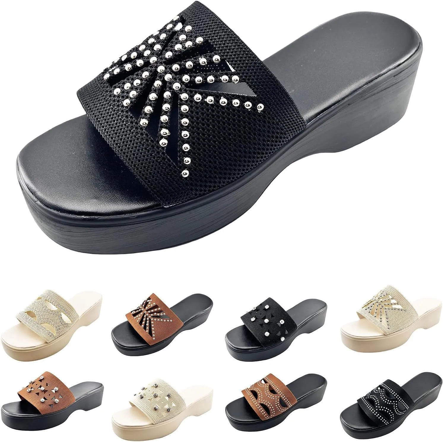 Womens Knit Slides Sandals with Plantar Fasciitis Open Toe Breathable Platform Sandals Casual Yoga Mat Thick Cushion Slippers Sparkling Shoes Slip On Indoor Outdoor