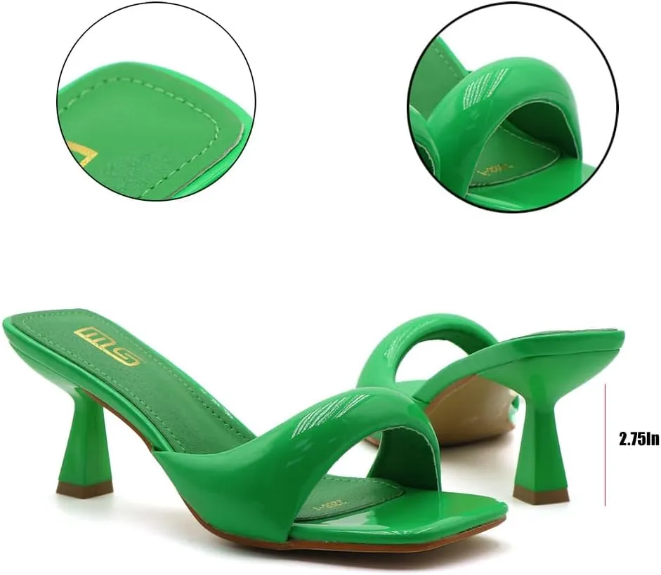 Women's Leather One Band Square Open Toe Stiletto Slide Sandals Fashion Slip-On Sexy Kitten Heel Mule Sandals Wedding Party Evening Prom Dance Backless Dress Slipper Pump Shoes