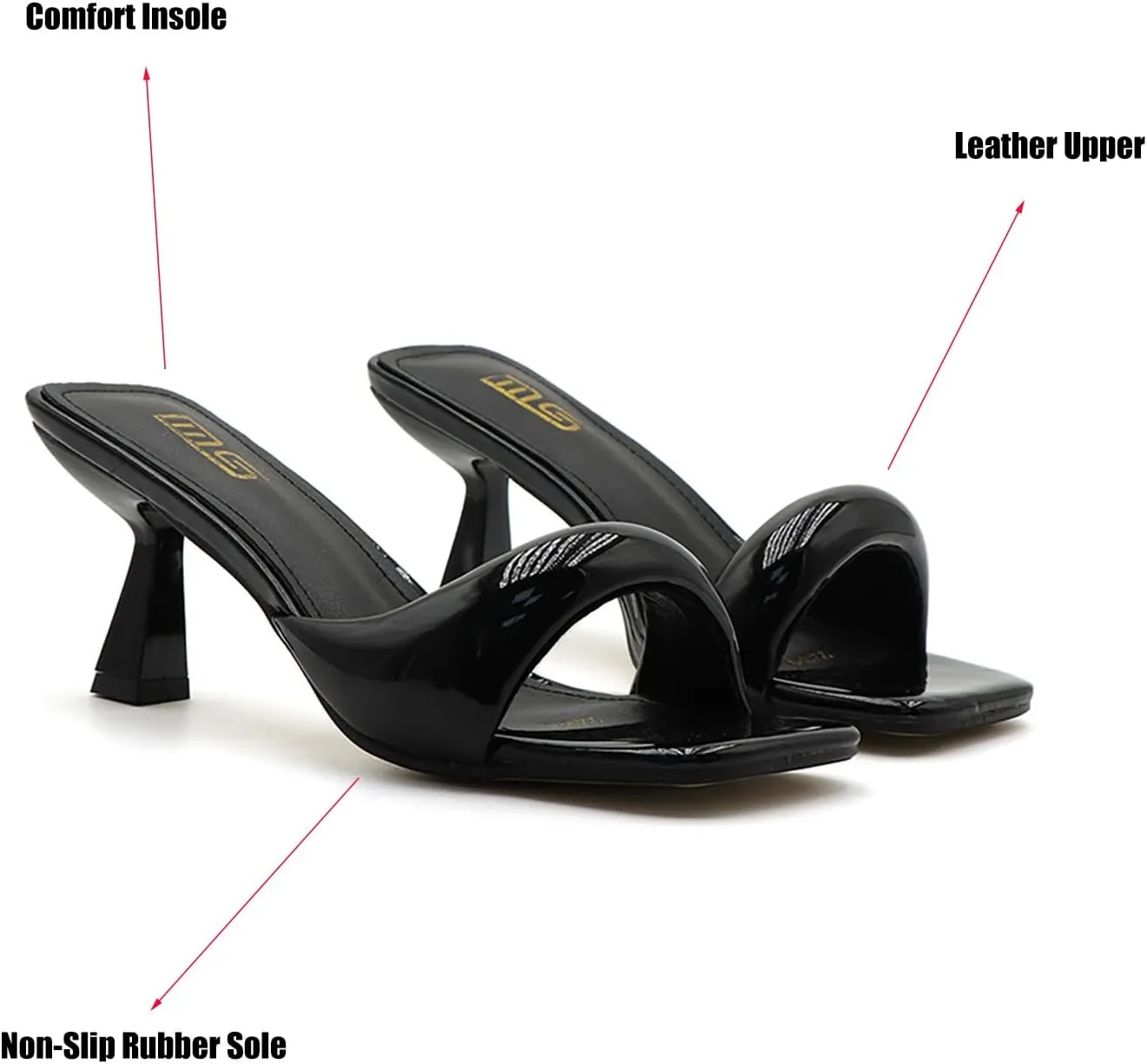 Women's Leather One Band Square Open Toe Stiletto Slide Sandals Fashion Slip-On Sexy Kitten Heel Mule Sandals Wedding Party Evening Prom Dance Backless Dress Slipper Pump Shoes