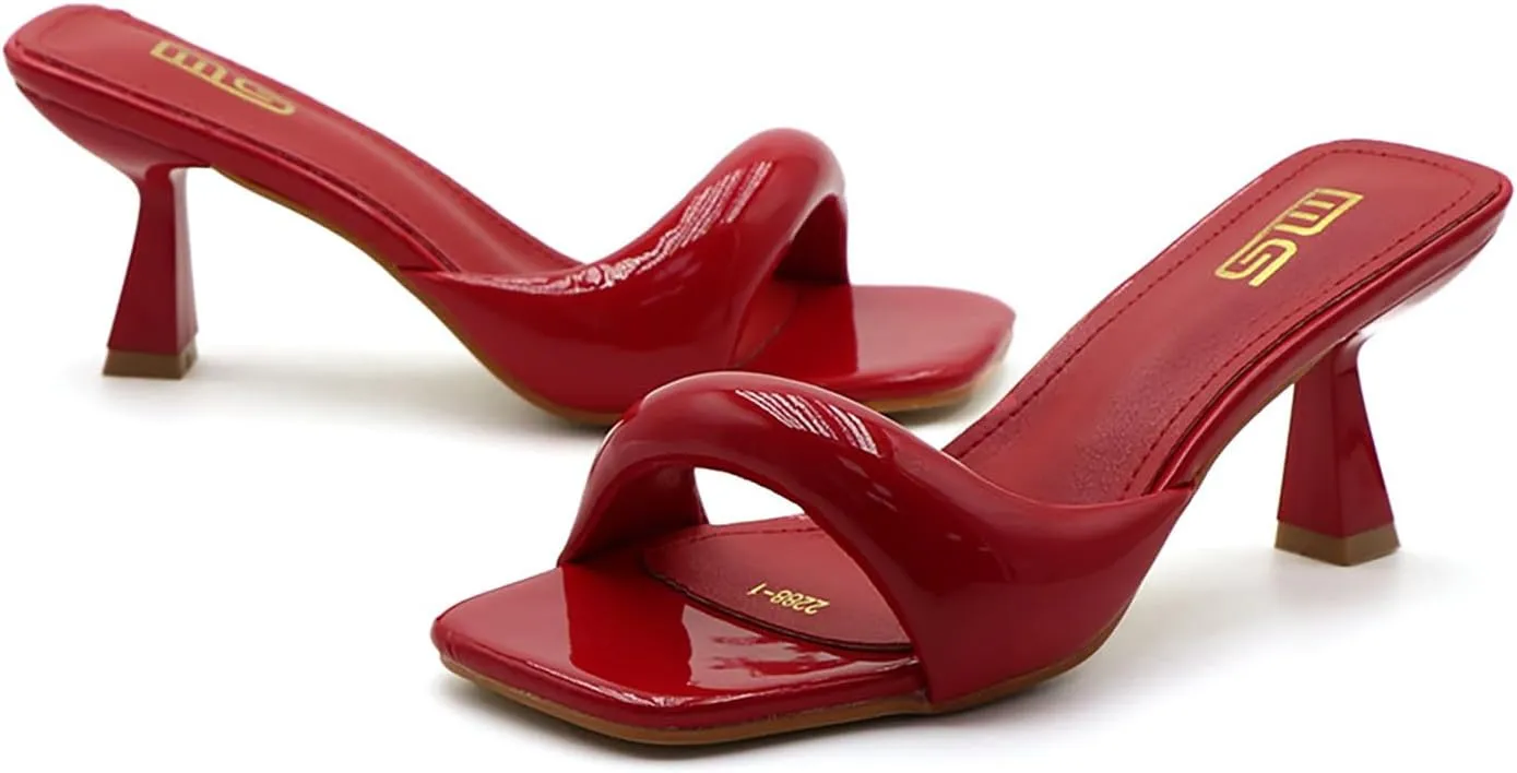 Women's Leather One Band Square Open Toe Stiletto Slide Sandals Fashion Slip-On Sexy Kitten Heel Mule Sandals Wedding Party Evening Prom Dance Backless Dress Slipper Pump Shoes