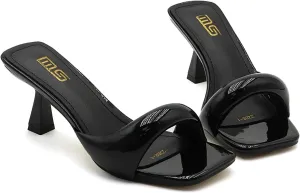 Women's Leather One Band Square Open Toe Stiletto Slide Sandals Fashion Slip-On Sexy Kitten Heel Mule Sandals Wedding Party Evening Prom Dance Backless Dress Slipper Pump Shoes