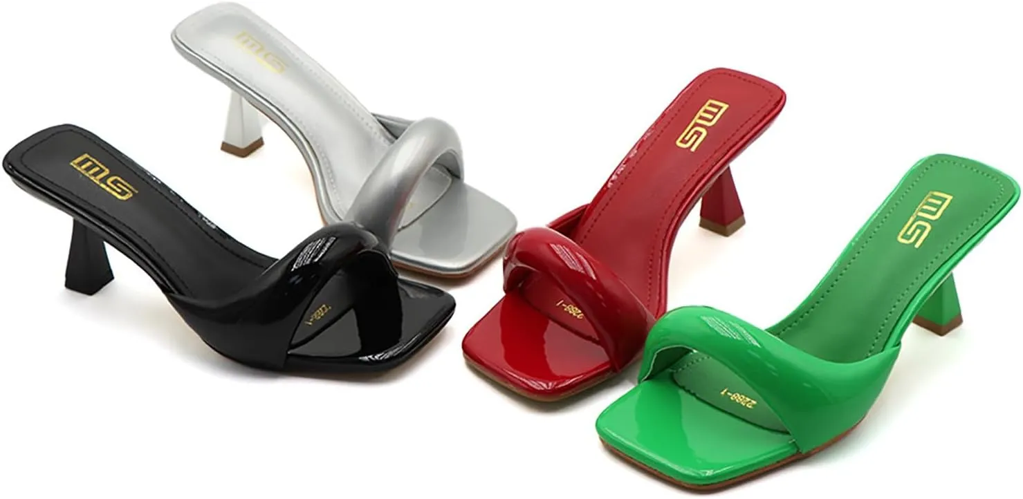Women's Leather One Band Square Open Toe Stiletto Slide Sandals Fashion Slip-On Sexy Kitten Heel Mule Sandals Wedding Party Evening Prom Dance Backless Dress Slipper Pump Shoes