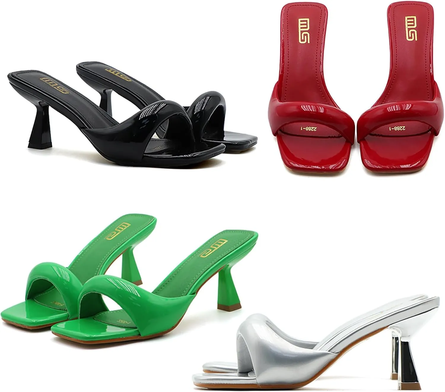 Women's Leather One Band Square Open Toe Stiletto Slide Sandals Fashion Slip-On Sexy Kitten Heel Mule Sandals Wedding Party Evening Prom Dance Backless Dress Slipper Pump Shoes