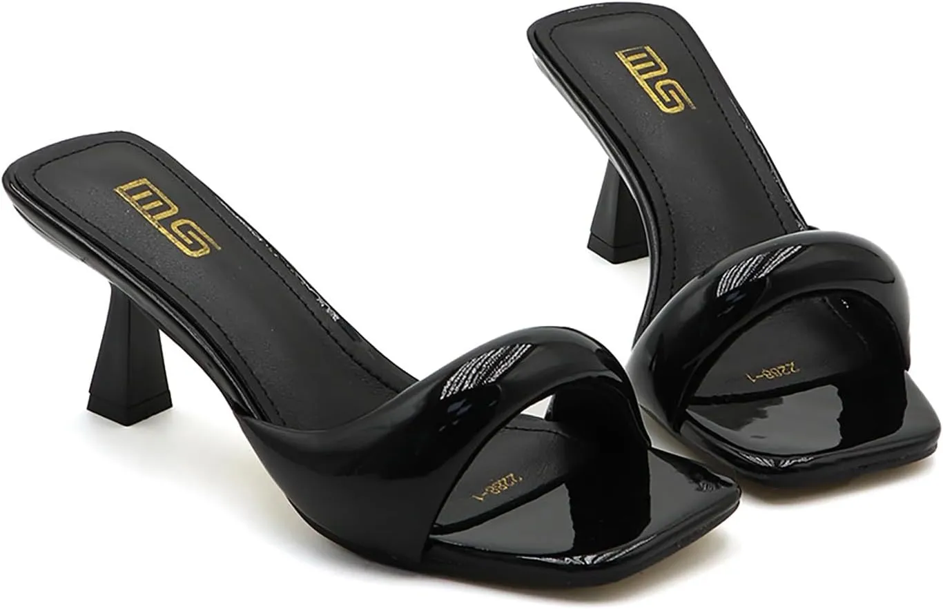 Women's Leather One Band Square Open Toe Stiletto Slide Sandals Fashion Slip-On Sexy Kitten Heel Mule Sandals Wedding Party Evening Prom Dance Backless Dress Slipper Pump Shoes