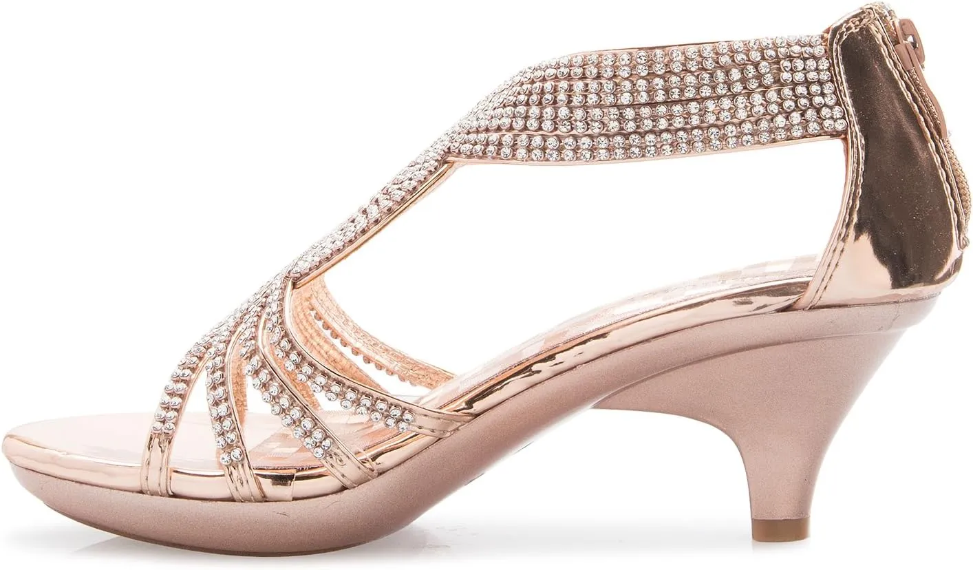 Women's Open Toe Strappy Rhinestone Dress Sandal Low Heel Wedding Shoes