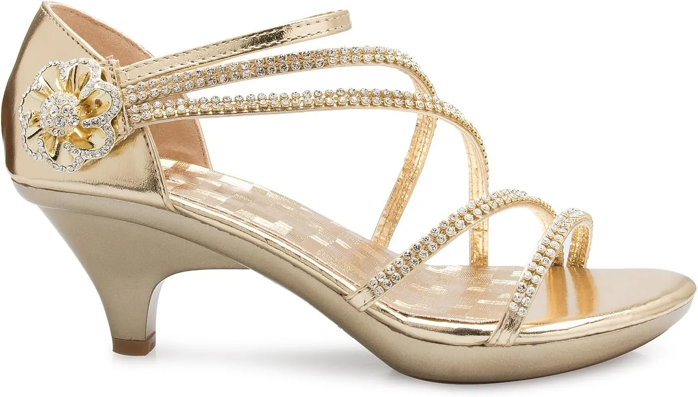 Women's Open Toe Strappy Rhinestone Dress Sandal Low Heel Wedding Shoes
