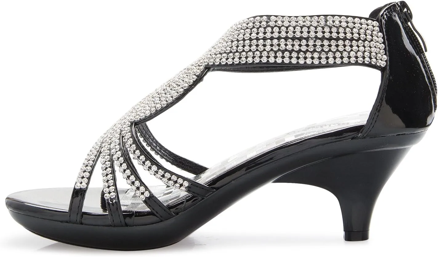 Women's Open Toe Strappy Rhinestone Dress Sandal Low Heel Wedding Shoes