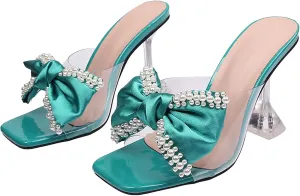 Women's Pearl Bow Square Toe Stiletto Heels Sandals,Square Toe Open Toes Slipper Slip On Dress Kitten High Heels