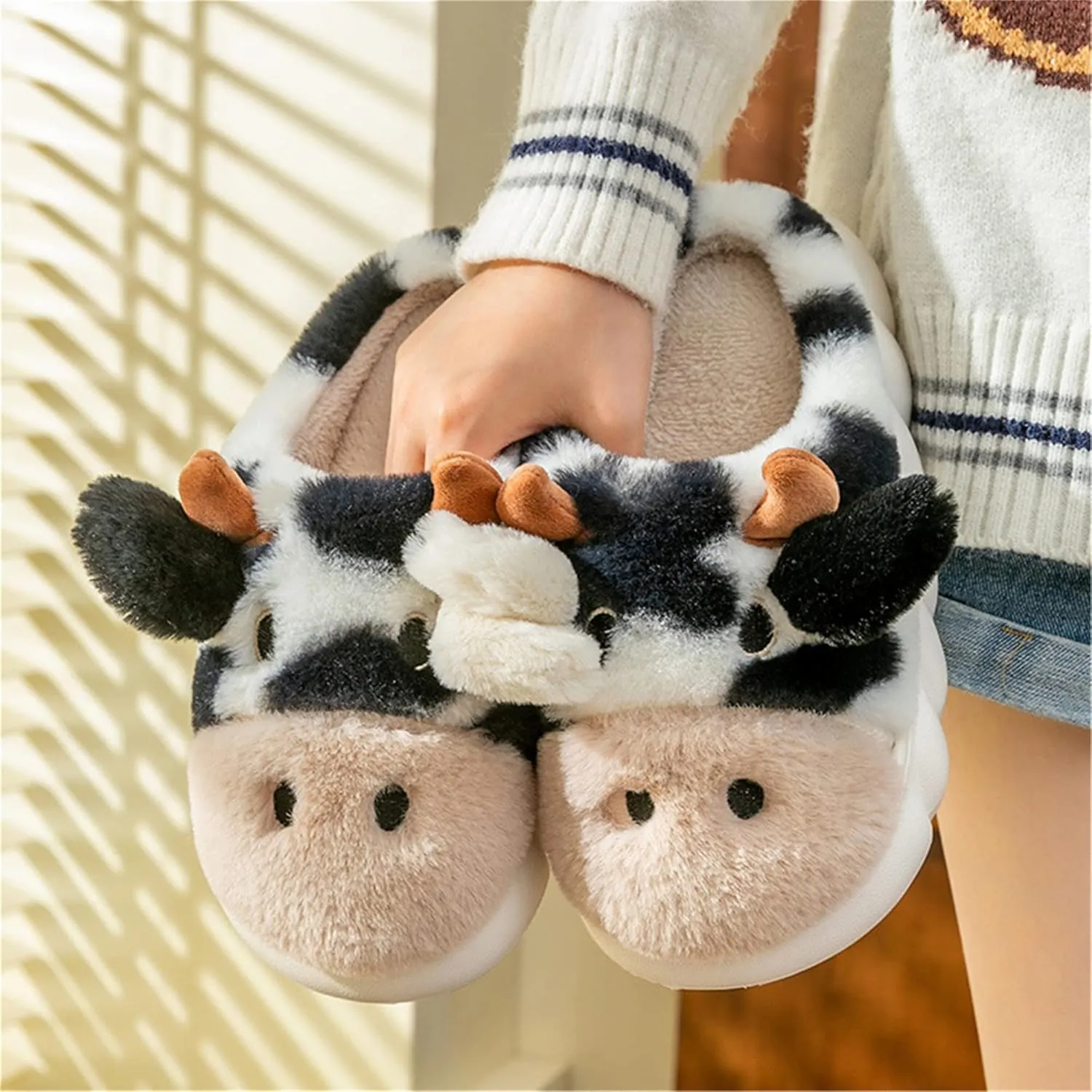 Women's Pig & Cow Animal Slippers - Soft Plush Cotton Winter Warm House Shoes