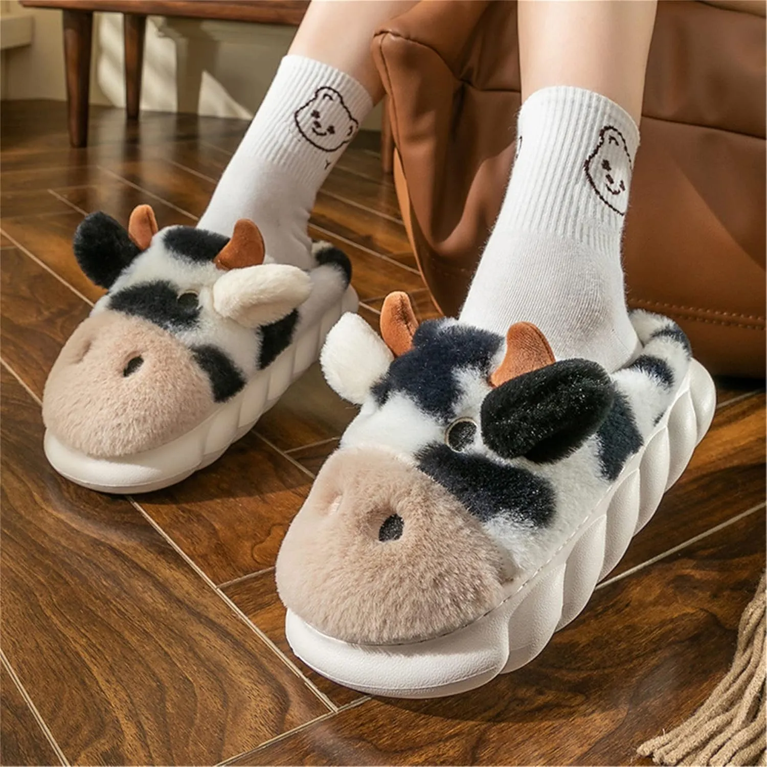 Women's Pig & Cow Animal Slippers - Soft Plush Cotton Winter Warm House Shoes
