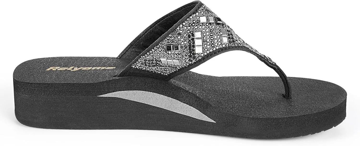 Womens Rhinestones Flip Flops Arch Support Mid Platform Bling Comfortable Flip-flops Jewel Dressy Thong Sandals