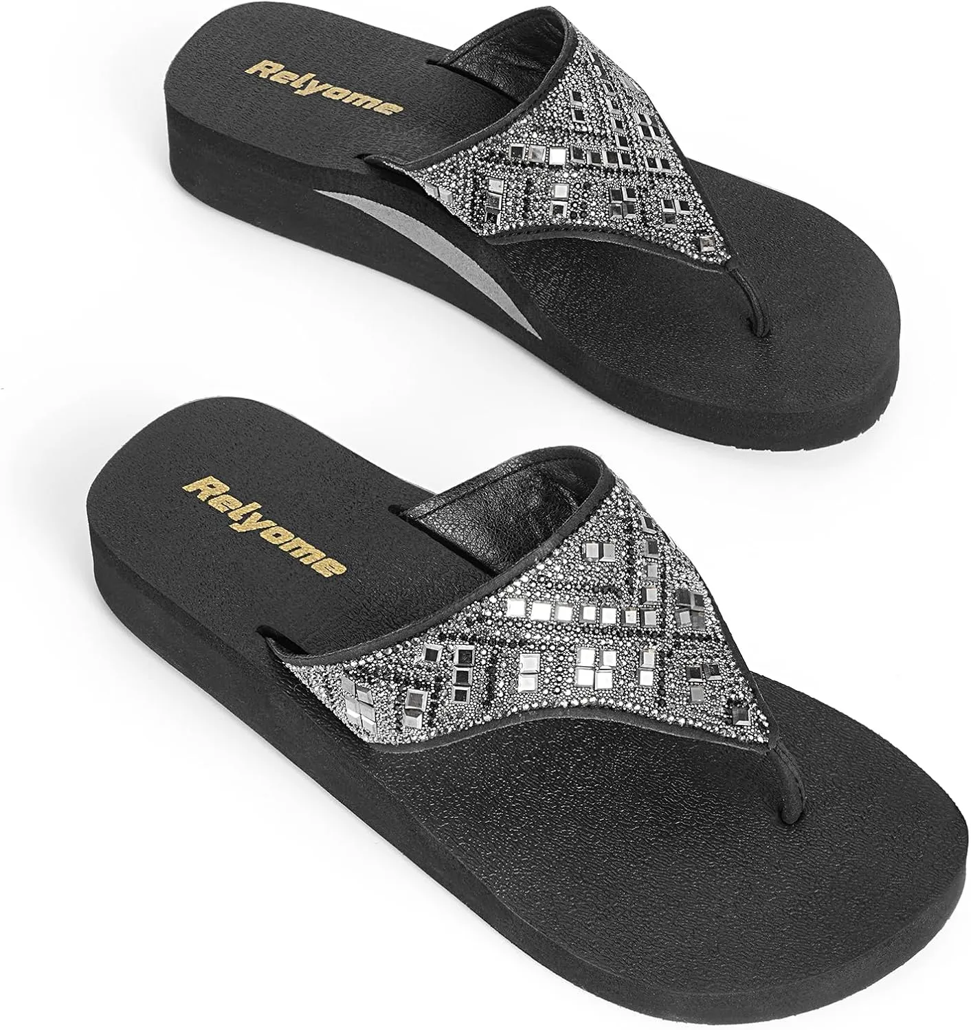 Womens Rhinestones Flip Flops Arch Support Mid Platform Bling Comfortable Flip-flops Jewel Dressy Thong Sandals