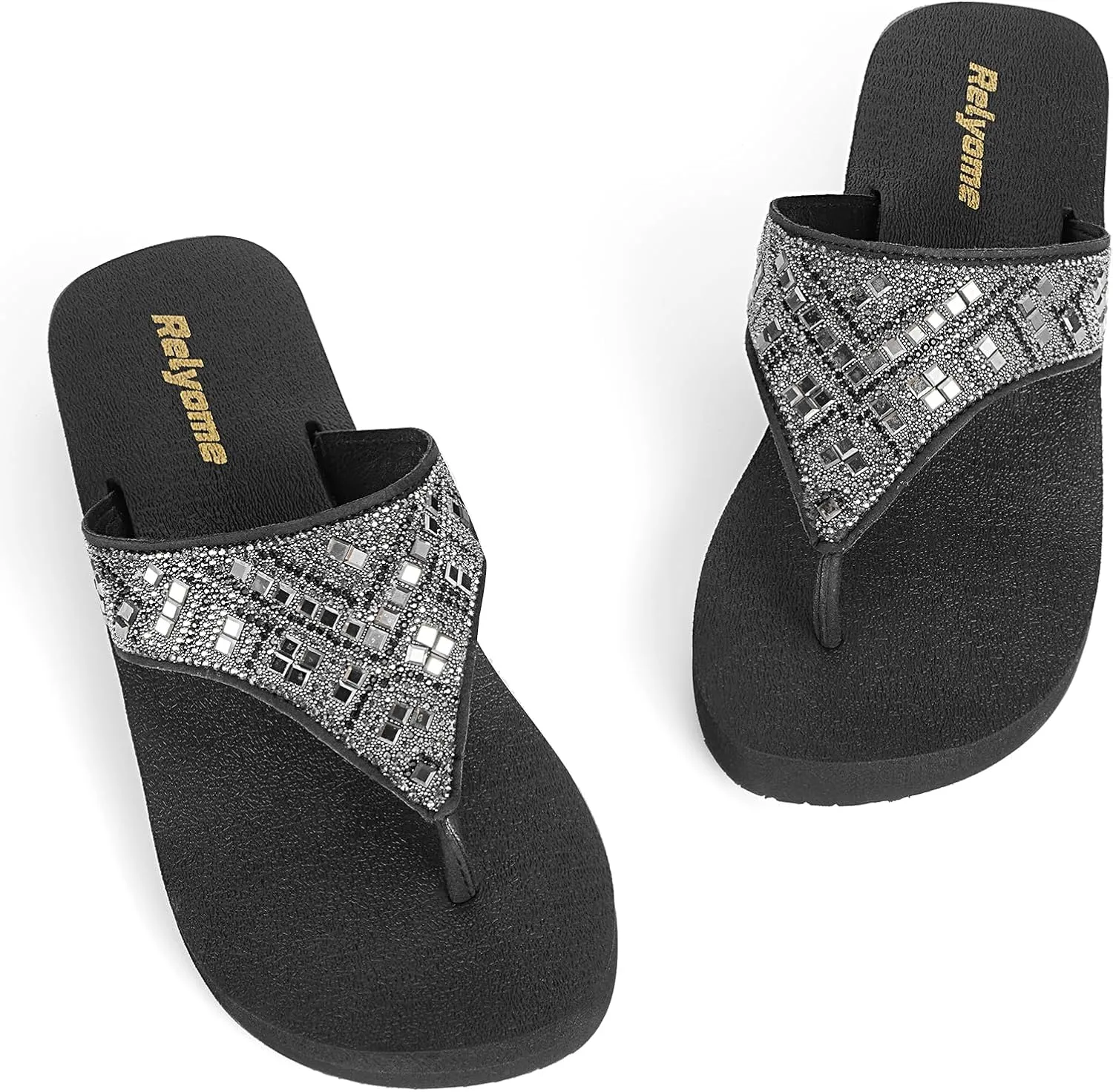 Womens Rhinestones Flip Flops Arch Support Mid Platform Bling Comfortable Flip-flops Jewel Dressy Thong Sandals