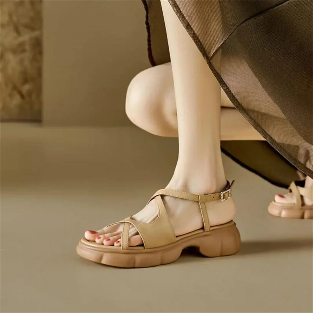 Women's Round Toe Platform Sandals Thick Heel Non-Slip Sole Split Leather Buckle Strap Ankle Strap Sandals