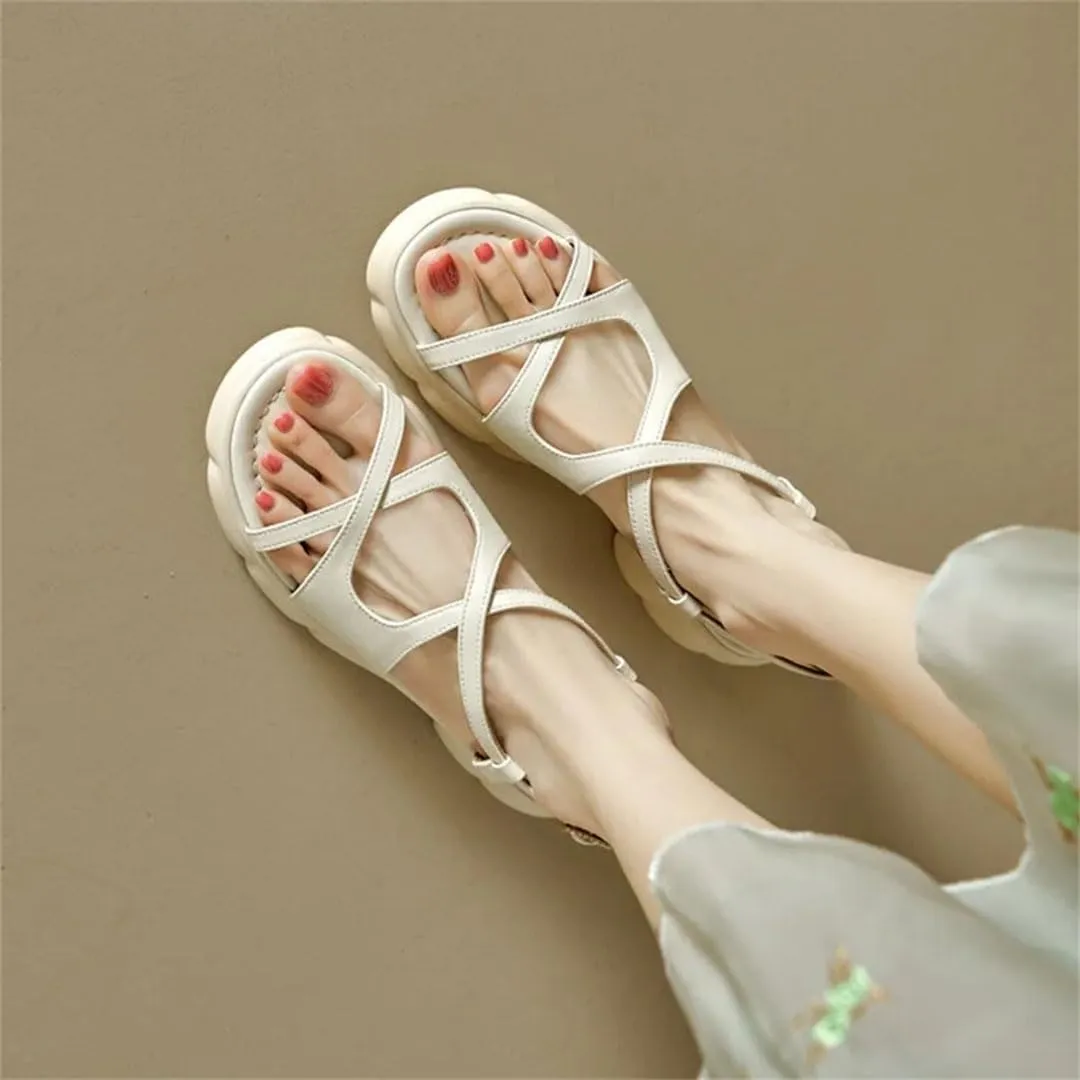 Women's Round Toe Platform Sandals Thick Heel Non-Slip Sole Split Leather Buckle Strap Ankle Strap Sandals