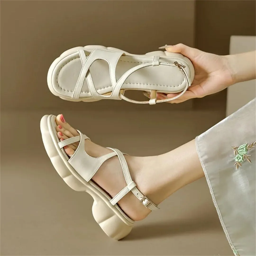 Women's Round Toe Platform Sandals Thick Heel Non-Slip Sole Split Leather Buckle Strap Ankle Strap Sandals