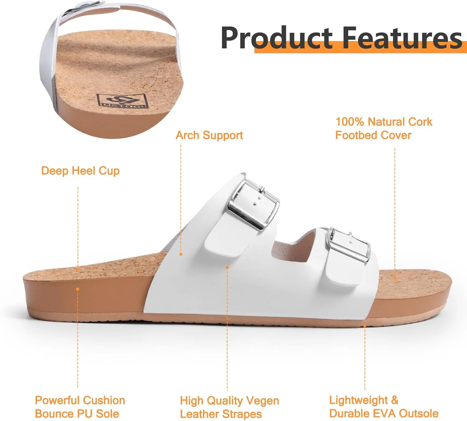 Womens Sandals Arch Support Beach Slides for Women Orthotic Summer Causal Cork Footbed Adjustable Lightweight Comfortable Slip on Cushion Cute 2 Strap Flat sandalias de mujer