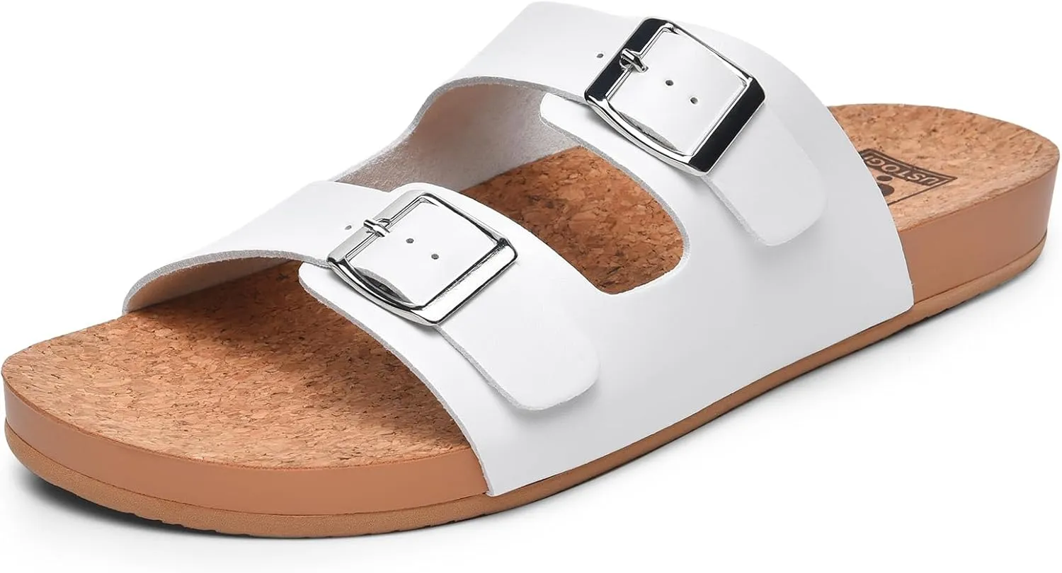 Womens Sandals Arch Support Beach Slides for Women Orthotic Summer Causal Cork Footbed Adjustable Lightweight Comfortable Slip on Cushion Cute 2 Strap Flat sandalias de mujer