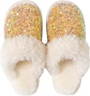 Women's Sequin Slippers Fuzzy Sparkly Non-slip Memory Foam Ladies House Shoes Indoor And Outdoor Comfy Warm