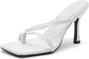 Women's Strappy Thong Heeled Sandals Slip On Stiletto Heels Flip Flops Square Open Toe T Strap High Heel Sandals Slide Summer Dressy Sandals