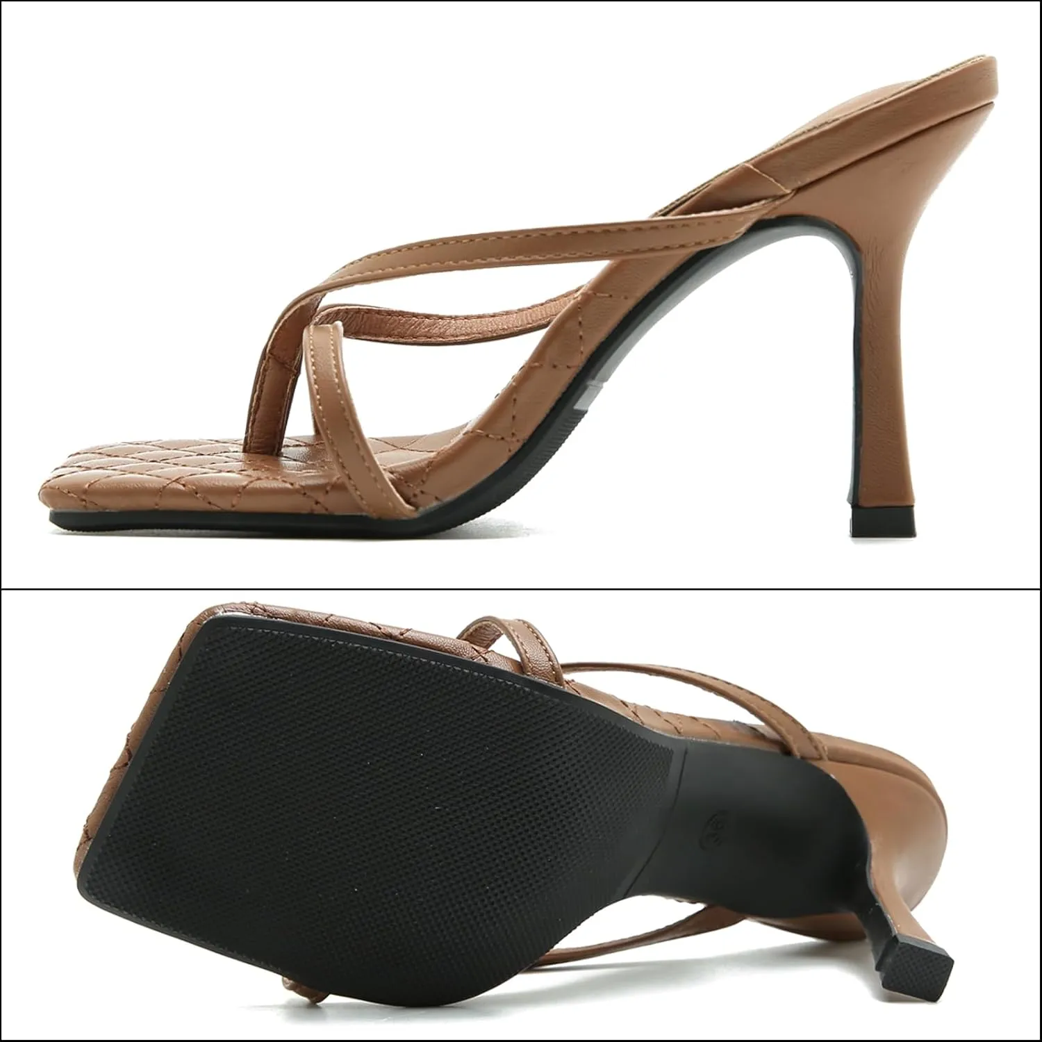 Women's Strappy Thong Heeled Sandals Slip On Stiletto Heels Flip Flops Square Open Toe T Strap High Heel Sandals Slide Summer Dressy Sandals