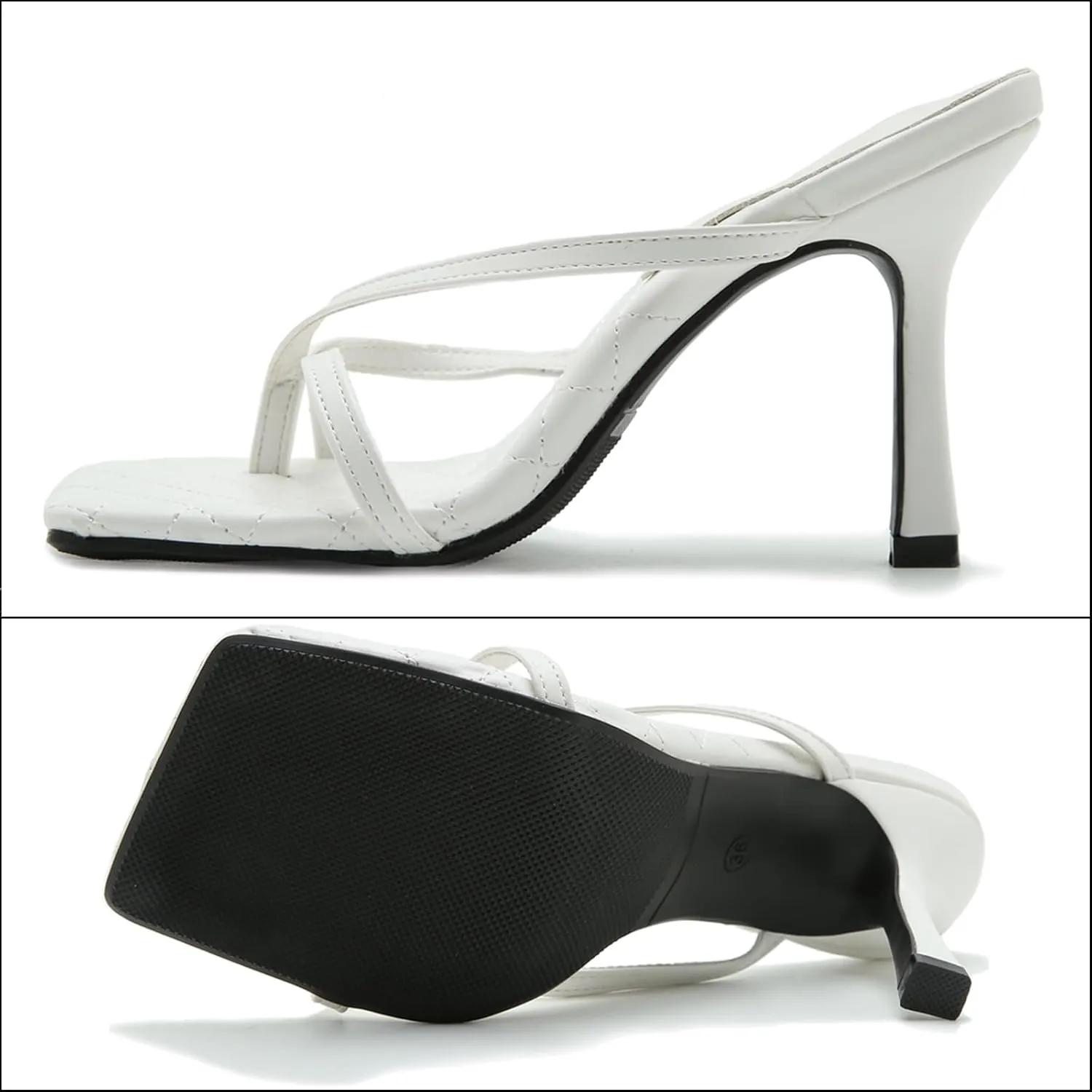 Women's Strappy Thong Heeled Sandals Slip On Stiletto Heels Flip Flops Square Open Toe T Strap High Heel Sandals Slide Summer Dressy Sandals
