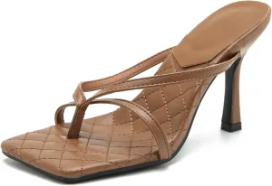 Women's Strappy Thong Heeled Sandals Slip On Stiletto Heels Flip Flops Square Open Toe T Strap High Heel Sandals Slide Summer Dressy Sandals
