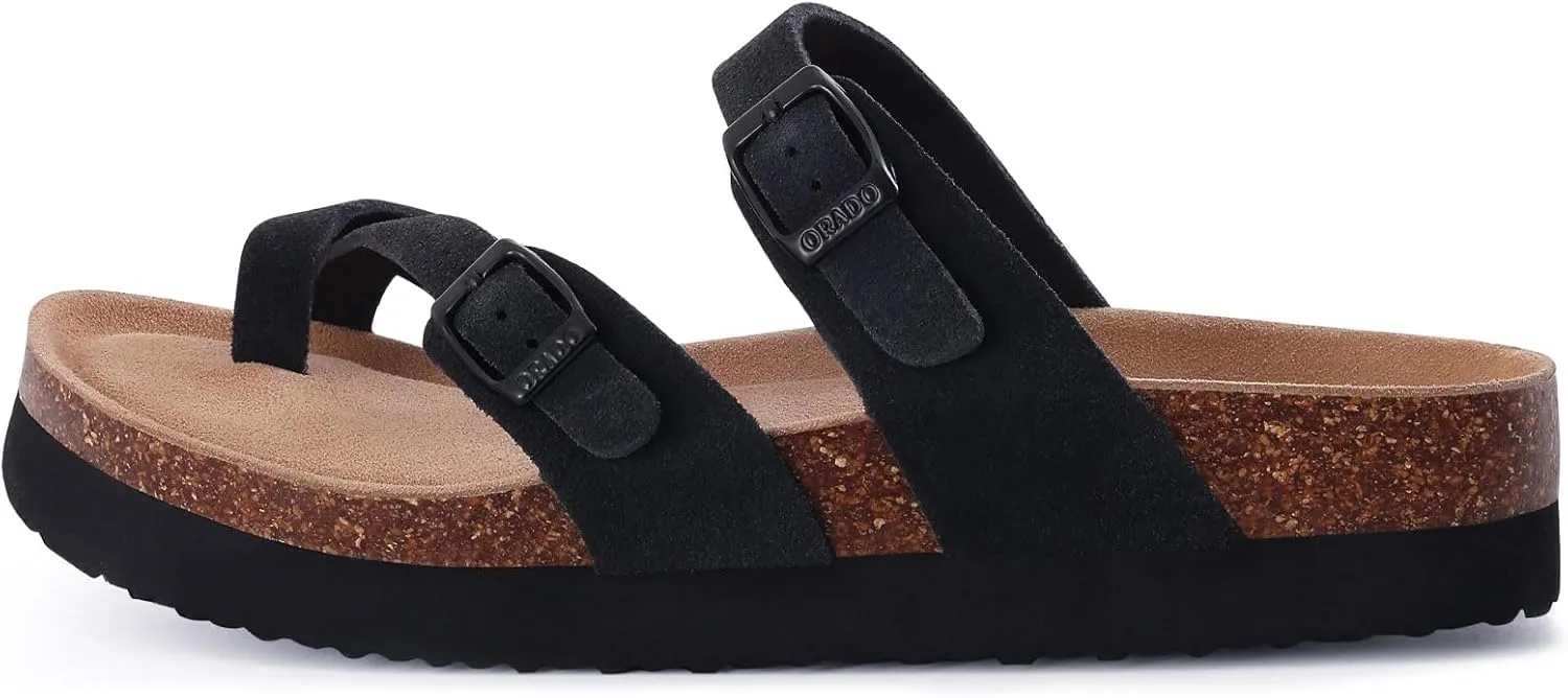 Women's Suede Platform Sandals Cork Footbed Adjustable Comfortable Support Summer Slides