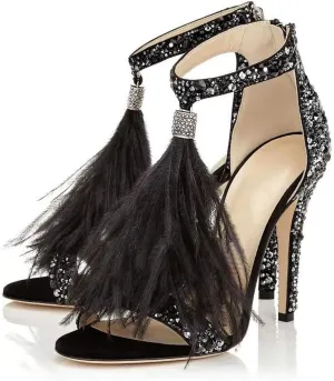 Women's Tassels Rhinestone Heeled Sandals Wedding Dress White Sandals Stiletto Heel Pearl