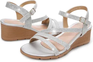 Women's Wedge Sandals Dressy, Comfortable Strappy Low Wedges Womens Open Toe Sandal for Summer