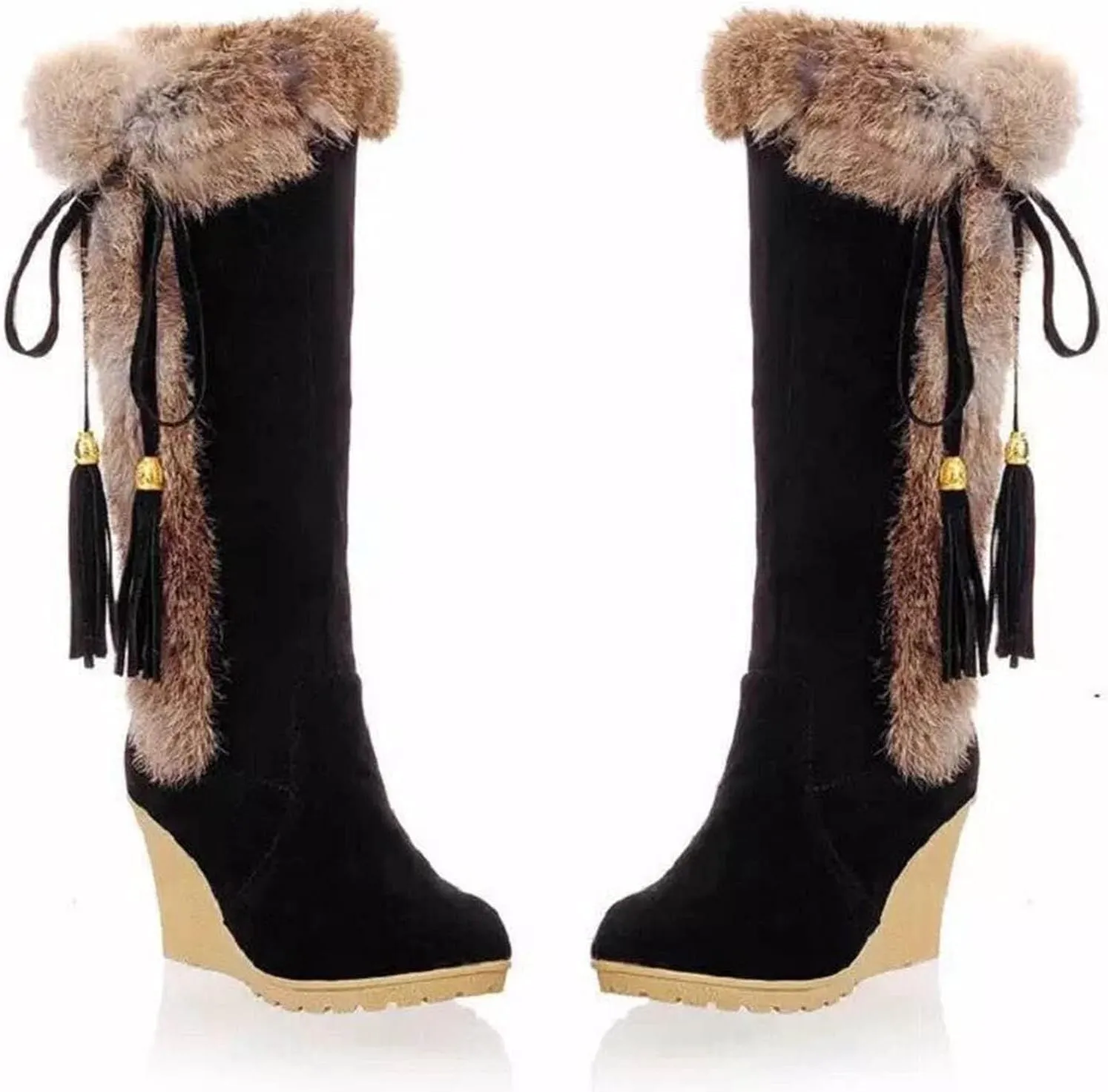 Women's Winter Warm Outdoor Mid Calf Boots High Heels Wedge Snow Bootie Faux Fur Comfortable Knee High Fuzzy Boots
