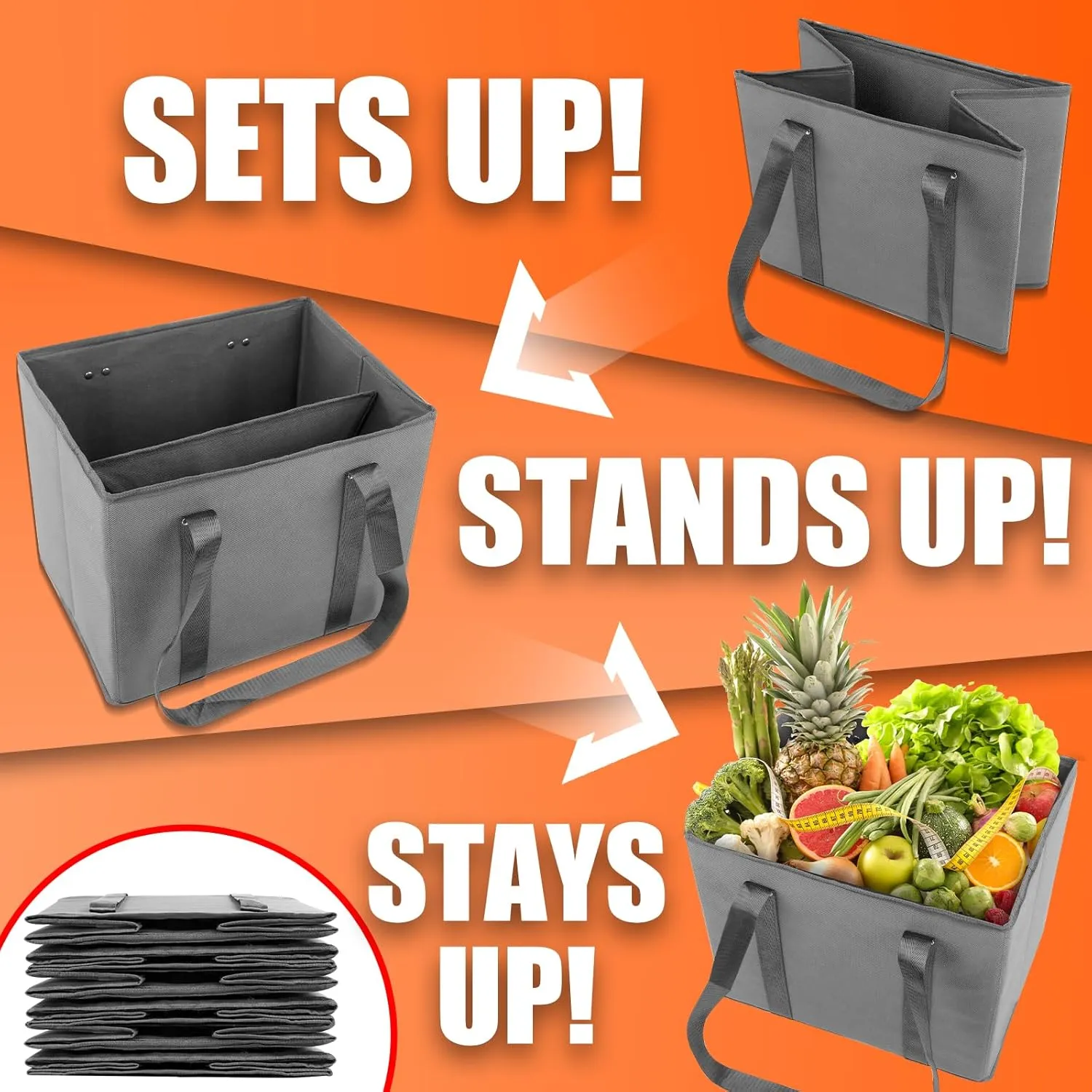 XPCARE 4 Pack Reusable Grocery Bags - Heavy Duty Reusable Shopping Bags with Box Shape to Stand Up, Stay Open, Fold Flat - Foldable Grocery Tote Bag with Long Handles & Reinforced Bottom Grey