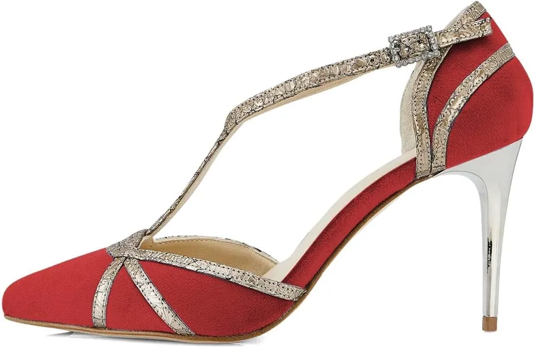 XYD Women High Heel Pumps Pointed Closed Toe Velvet D'Orsay Strappy Sandals Plated Heeled Elegant Party Evening Shoes