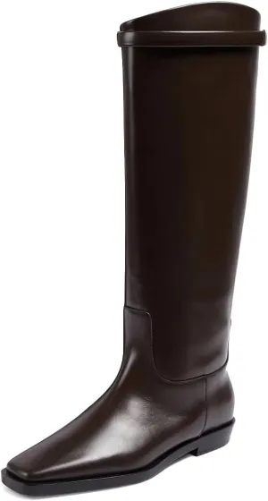 XYD Women Knee High Tall Boots Closed Square Toe Pull On Wide Calf Flat Booties Chunky Low Heel Sleek Leather Dressy Party Club Casual Shoes