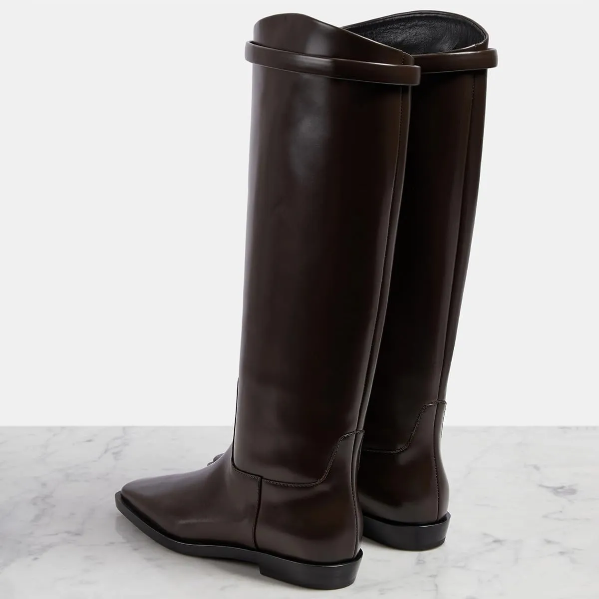 XYD Women Knee High Tall Boots Closed Square Toe Pull On Wide Calf Flat Booties Chunky Low Heel Sleek Leather Dressy Party Club Casual Shoes