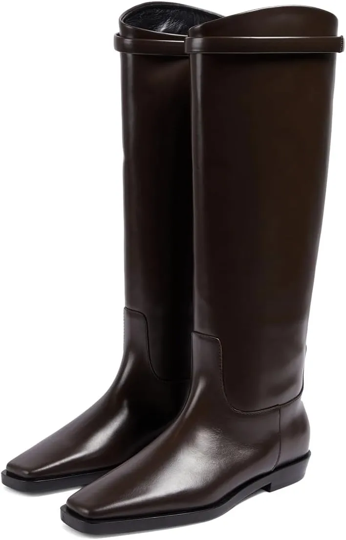 XYD Women Knee High Tall Boots Closed Square Toe Pull On Wide Calf Flat Booties Chunky Low Heel Sleek Leather Dressy Party Club Casual Shoes