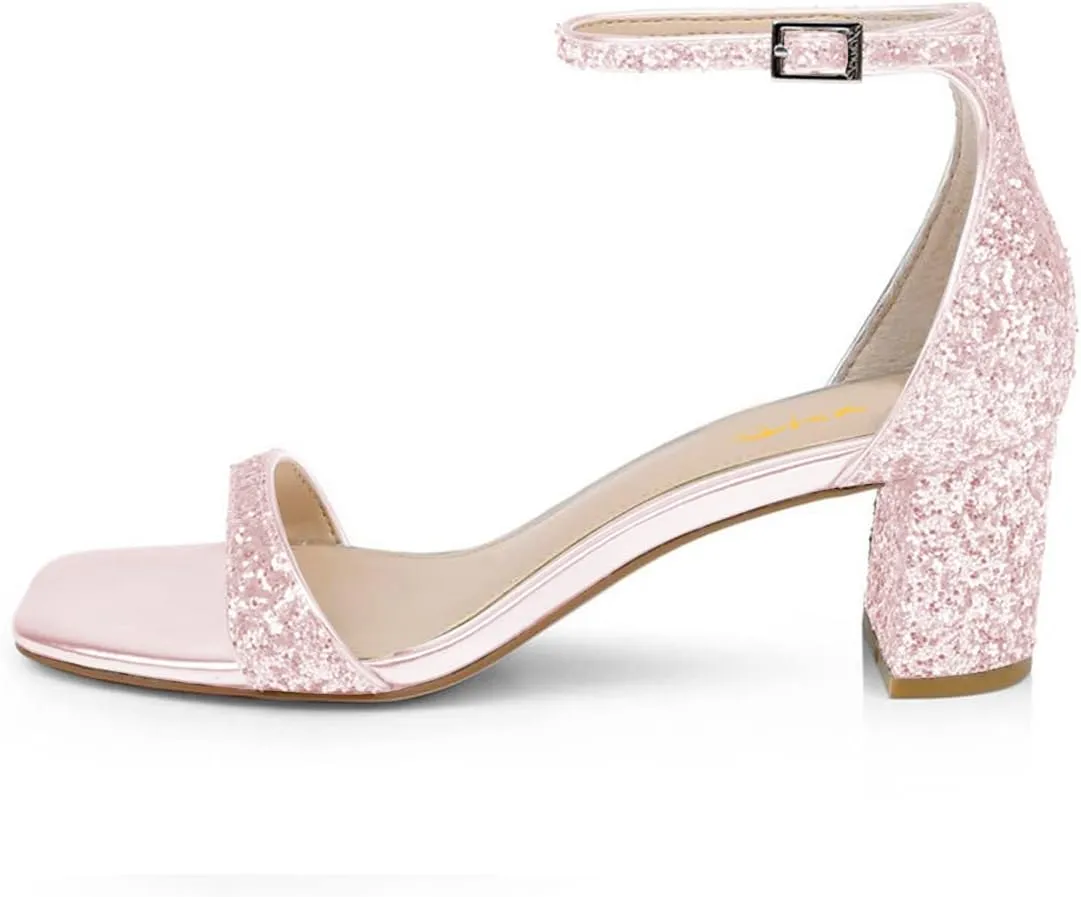 XYD Women Open Toe Strappy Mid Block Heel Sandal Pumps Slim Ankle Strap with Buckle Wedding Event Shoes