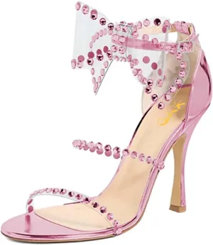 XYD Women Sparkle Crystals Open Toe Sandals Oversized Bow Ankle Strap High Heels Pumps Rhinestones Dressy Evening Party Cocktail Shoes