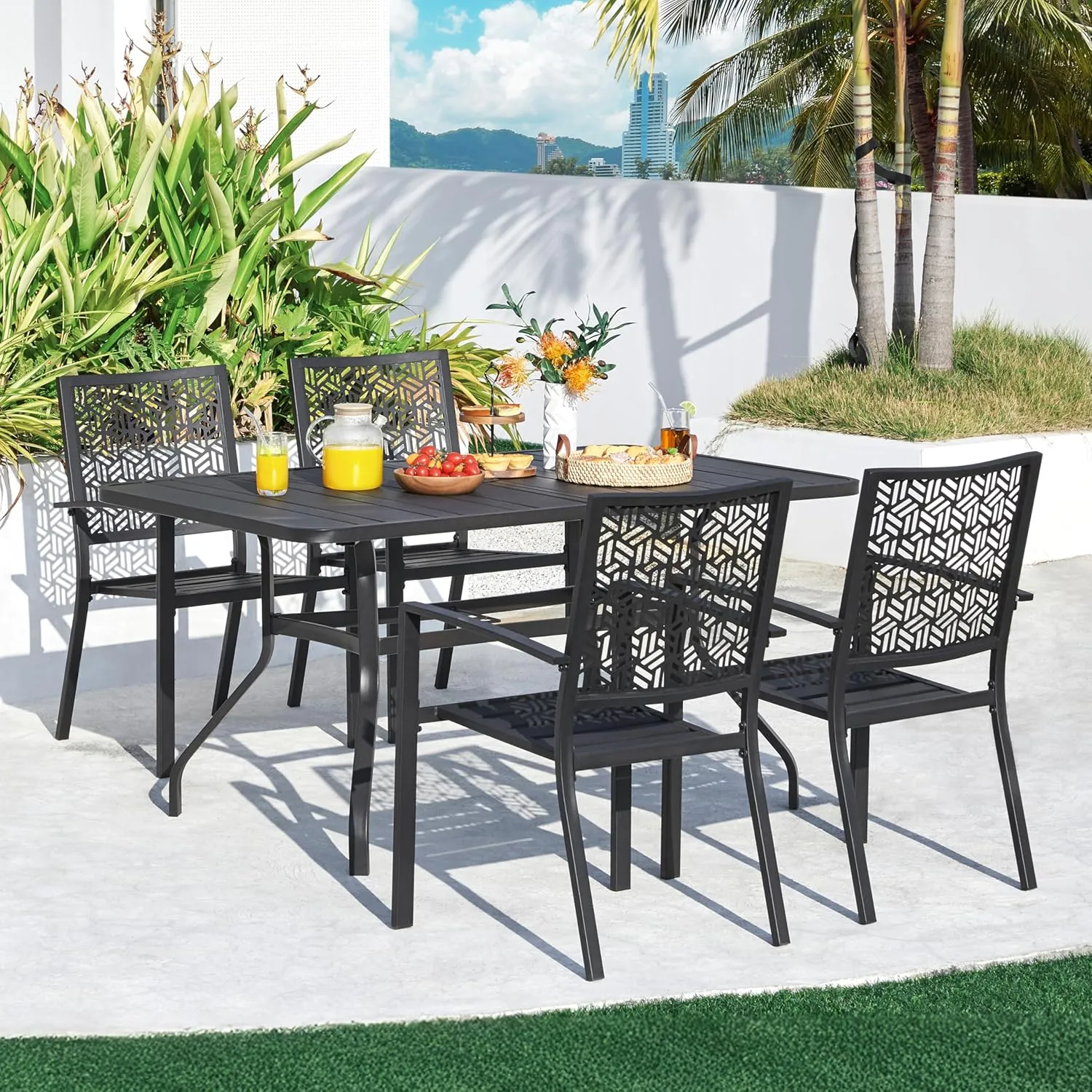 Yaheetech Outdoor Dining Chairs Set of 4, Modern Steel Bistro Chairs with Slatted Seat and Hollow Geometric Pattern-Dotted Back for Garden, Lawn, Porch, Backyard, Pool