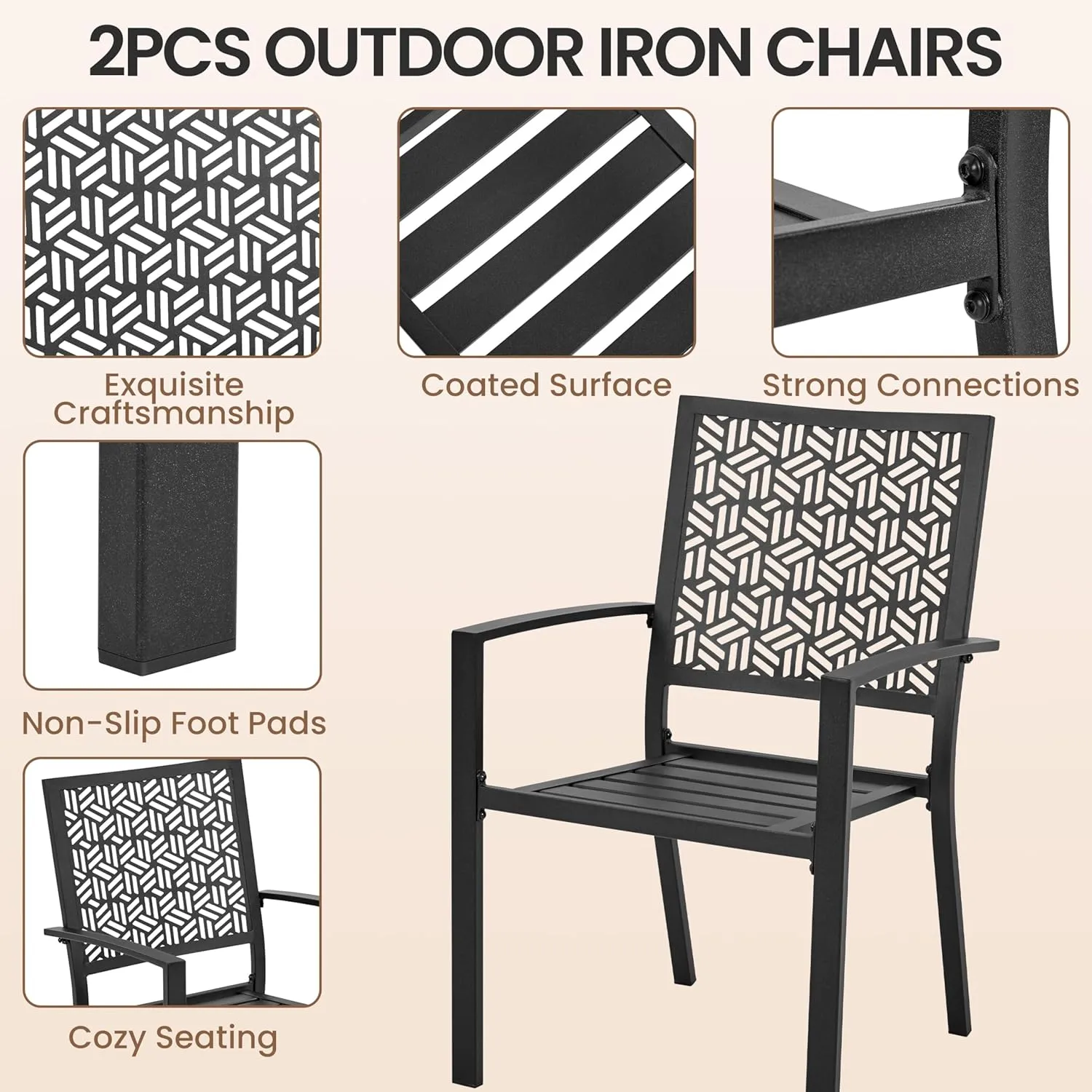 Yaheetech Outdoor Dining Chairs Set of 4, Modern Steel Bistro Chairs with Slatted Seat and Hollow Geometric Pattern-Dotted Back for Garden, Lawn, Porch, Backyard, Pool