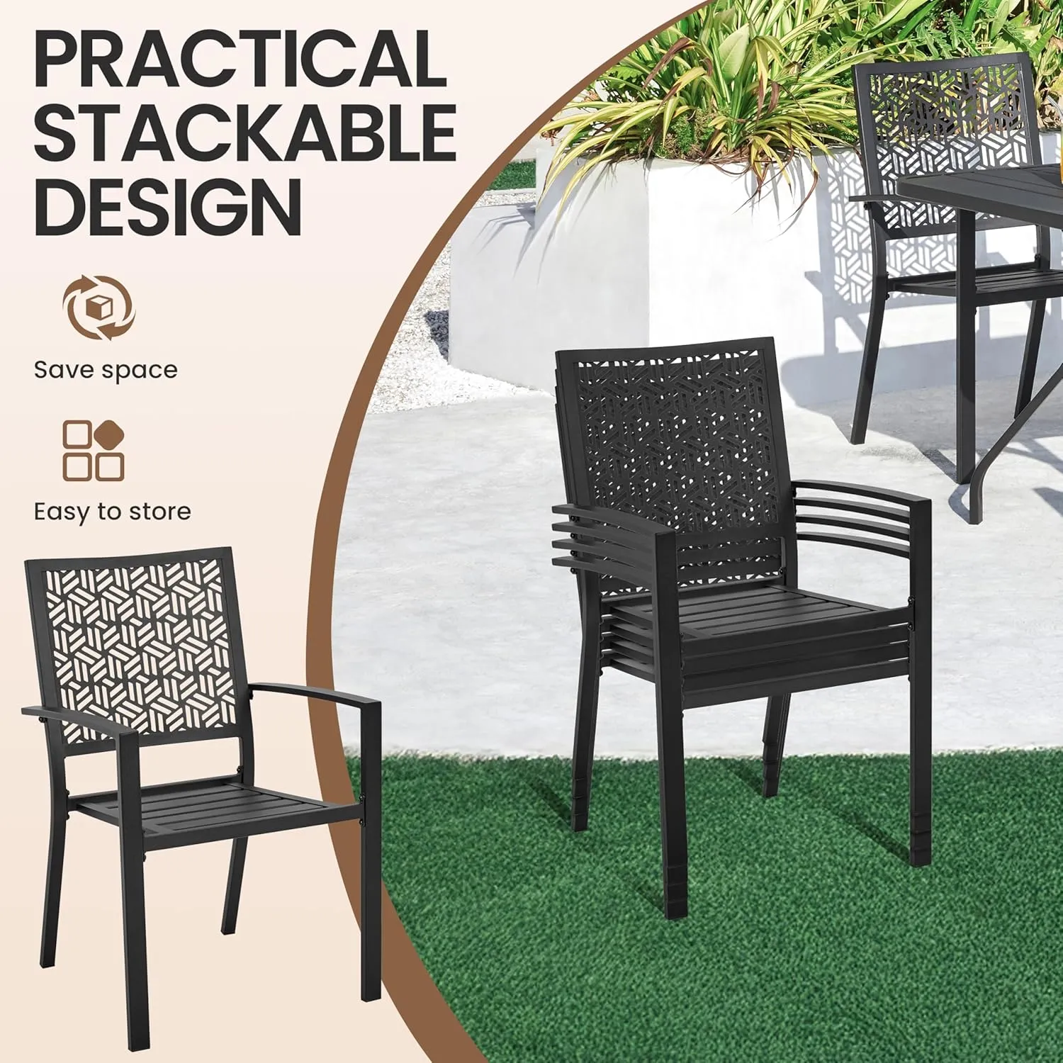 Yaheetech Outdoor Dining Chairs Set of 4, Modern Steel Bistro Chairs with Slatted Seat and Hollow Geometric Pattern-Dotted Back for Garden, Lawn, Porch, Backyard, Pool