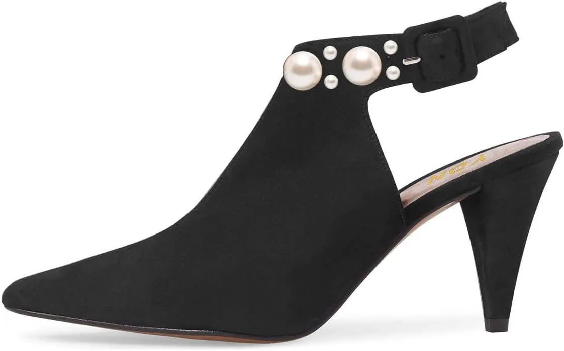 YDN Women Pointed Toe Cone High Heels Slingback Booties Ankle Strap Faux Suede Buckle Party Dress Sandal Size 4-15 US