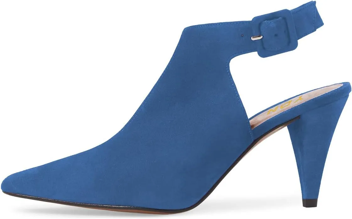 YDN Women Pointed Toe Cone High Heels Slingback Booties Ankle Strap Faux Suede Buckle Party Dress Sandal Size 4-15 US