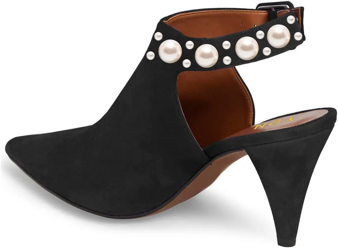 YDN Women Pointed Toe Cone High Heels Slingback Booties Ankle Strap Faux Suede Buckle Party Dress Sandal Size 4-15 US