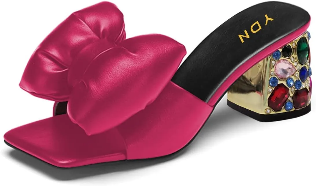 YDN Women Rhinestone Block Heeled Mule Sandals Open Toe Slip On Slipper Sexy Bow Knot Slide Bridal Party Wedding Dress Shoe Size 4-15 US