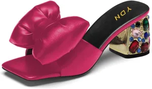 YDN Women Rhinestone Block Heeled Mule Sandals Open Toe Slip On Slipper Sexy Bow Knot Slide Bridal Party Wedding Dress Shoe Size 4-15 US