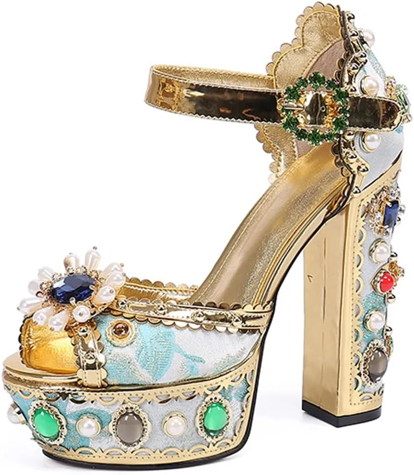 YIYA Women's Gold Metallic Jeweled Ankle Strap Platform Sandal Open Peep Toe Diamond-Studded Chunky High Heel Nightclub Heels