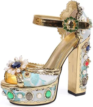 YIYA Women's Gold Metallic Jeweled Ankle Strap Platform Sandal Open Peep Toe Diamond-Studded Chunky High Heel Nightclub Heels