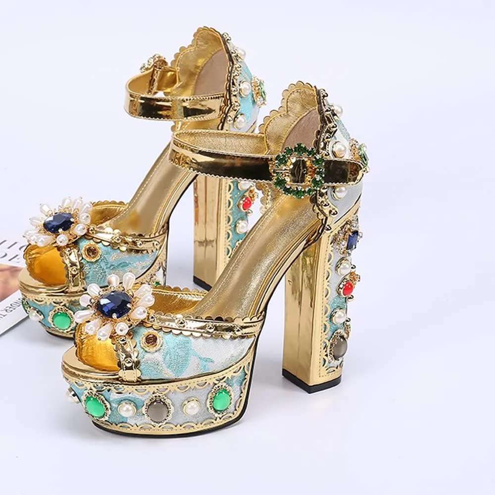 YIYA Women's Gold Metallic Jeweled Ankle Strap Platform Sandal Open Peep Toe Diamond-Studded Chunky High Heel Nightclub Heels