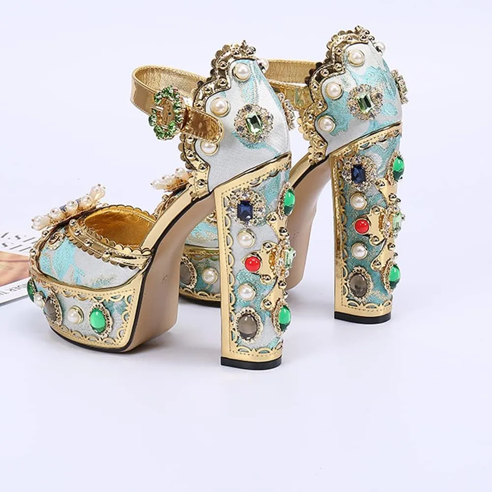 YIYA Women's Gold Metallic Jeweled Ankle Strap Platform Sandal Open Peep Toe Diamond-Studded Chunky High Heel Nightclub Heels
